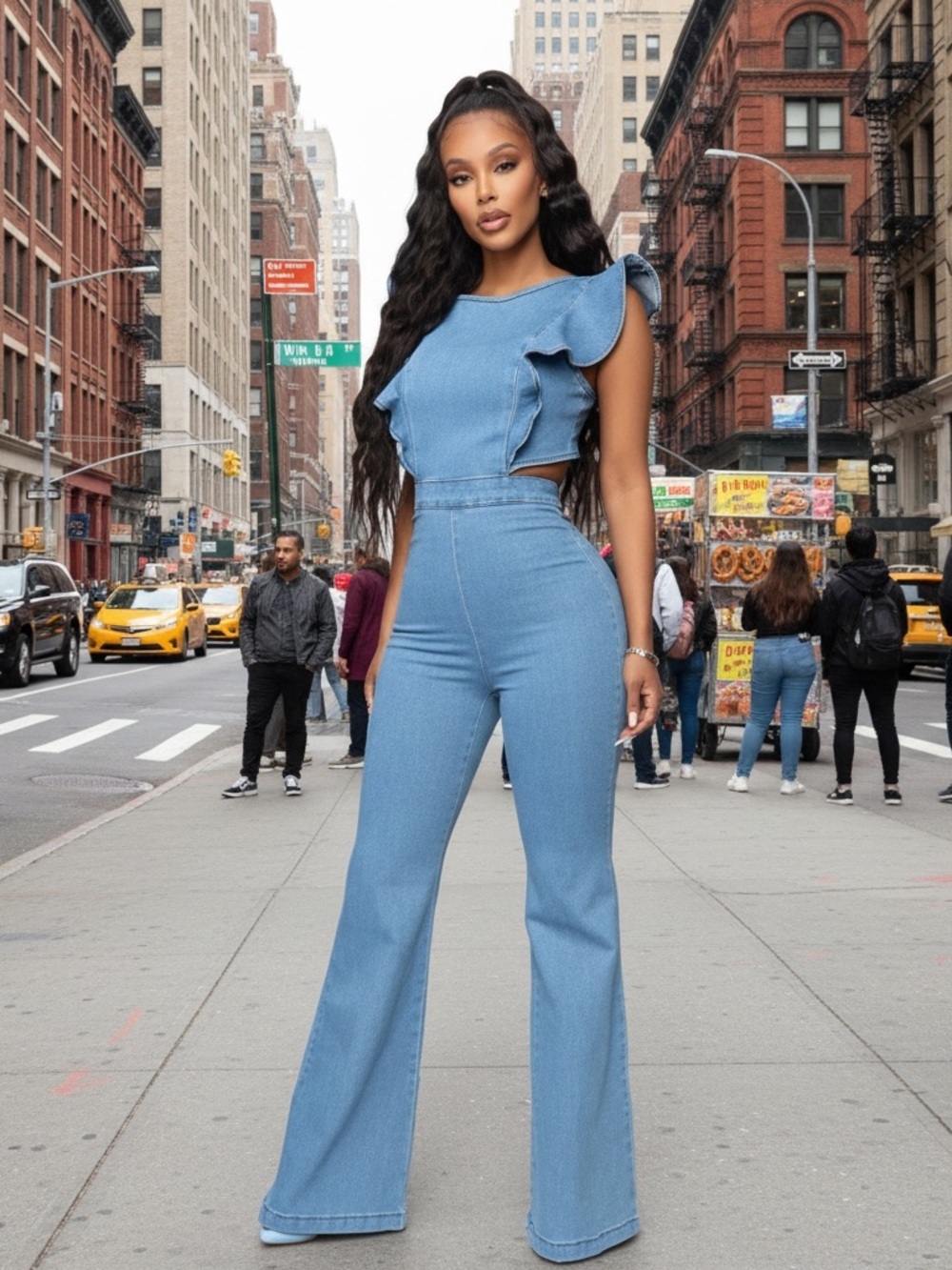 New!! Light Wash Denim Ruffle Cutout Jumpsuit - Picture 3 of 5